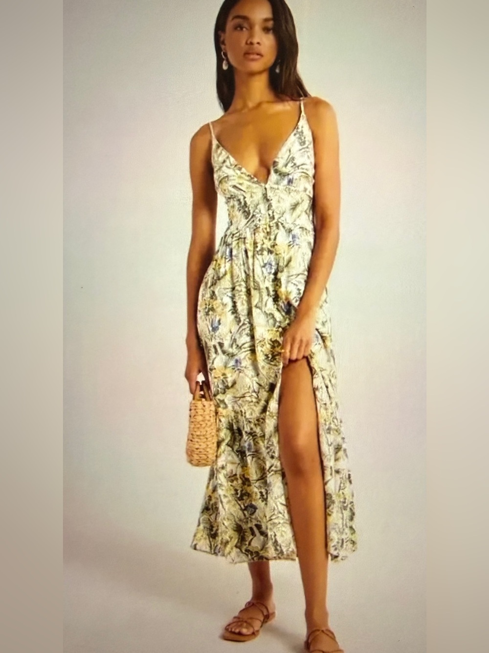 Abercrombie & Fitch Floral Boho Maxi Dress in Yellow and Beige with Blue Accents